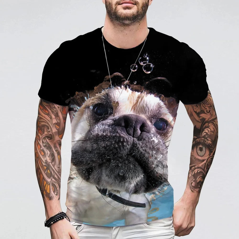 Summer Funny Underwater Dog 3D Print T-Shirts Streetwear Men Casual Oversized O-Neck Short Sleeved T Shirt Tees Tops Clothing