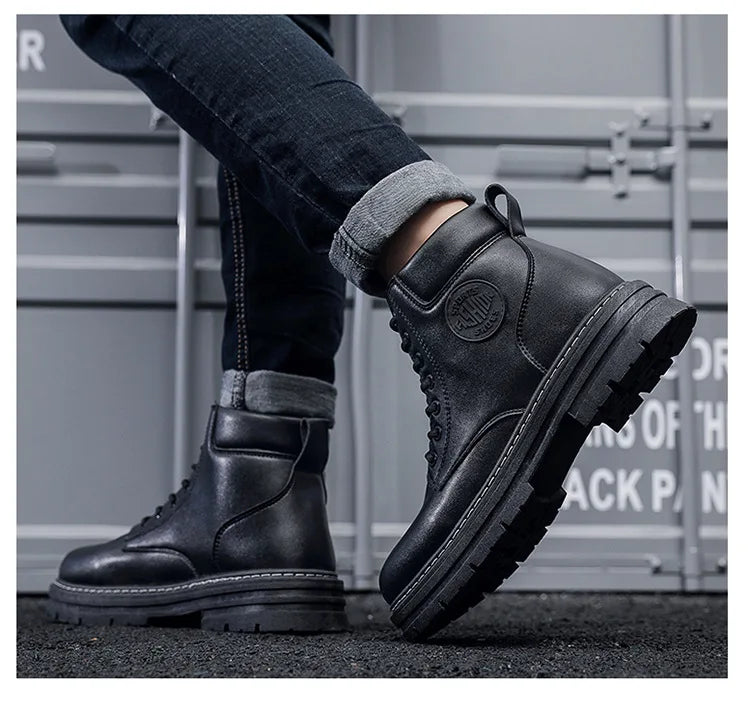 Men's High-Top Leather Motorcycle Boots