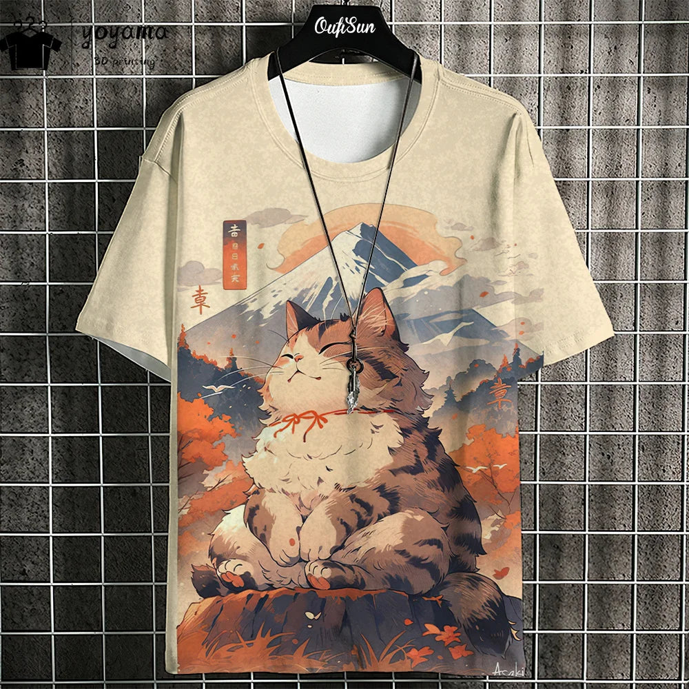 Cat Print Animal Graphic T shirts Summer Short Sleeve Tee Oversize T-shirt Harajuku Stylish Mens Clothing Street Y2k Clothes Top