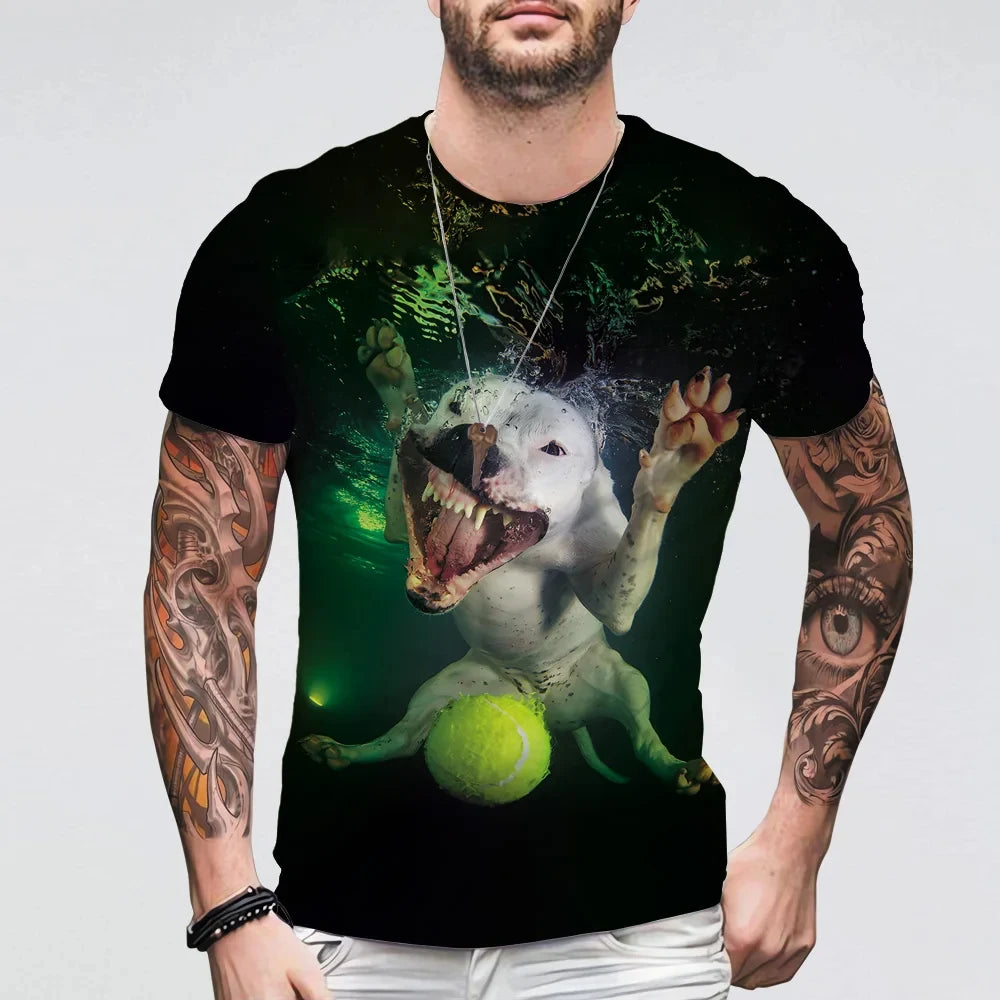 Summer Funny Underwater Dog 3D Print T-Shirts Streetwear Men Casual Oversized O-Neck Short Sleeved T Shirt Tees Tops Clothing