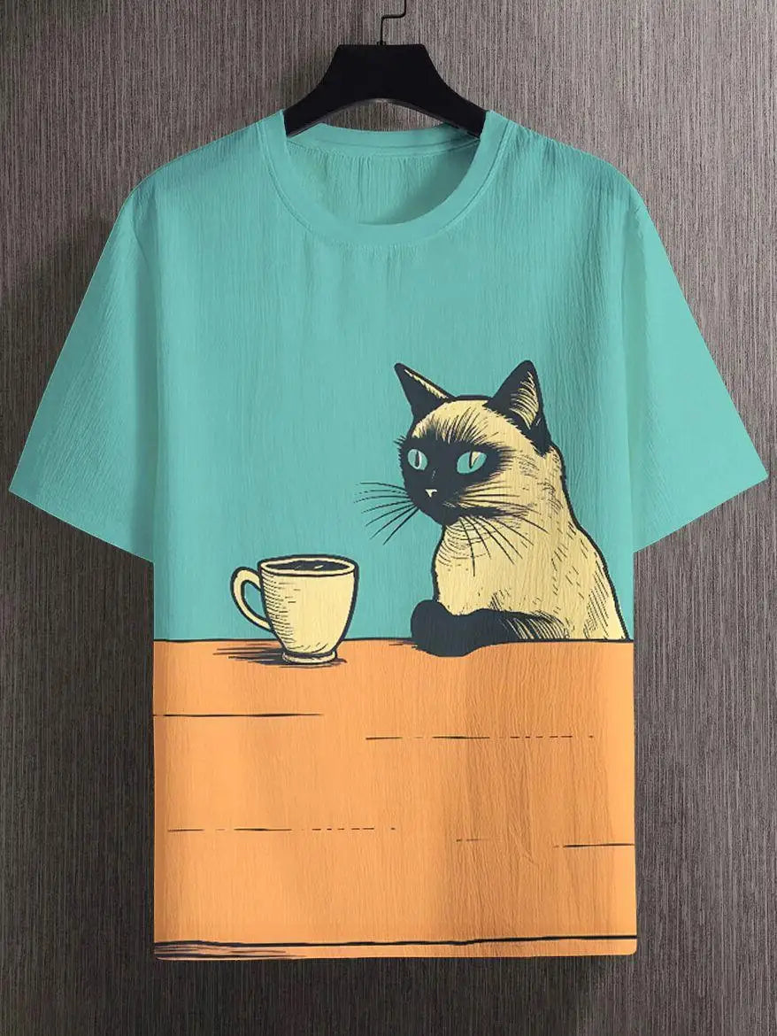 Cartoon Cat Printed T Shirt For Men Anime T-Shirt Outdoor Hip Hop Tops Clothes Casual Loose Short Sleeve Tees Men'S Clothing