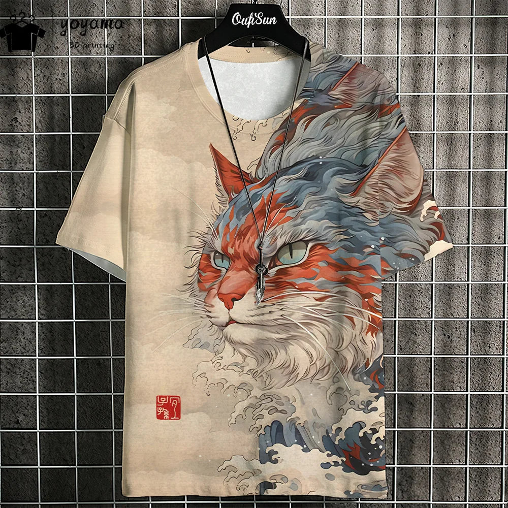 Cat Print Animal Graphic T shirts Summer Short Sleeve Tee Oversize T-shirt Harajuku Stylish Mens Clothing Street Y2k Clothes Top