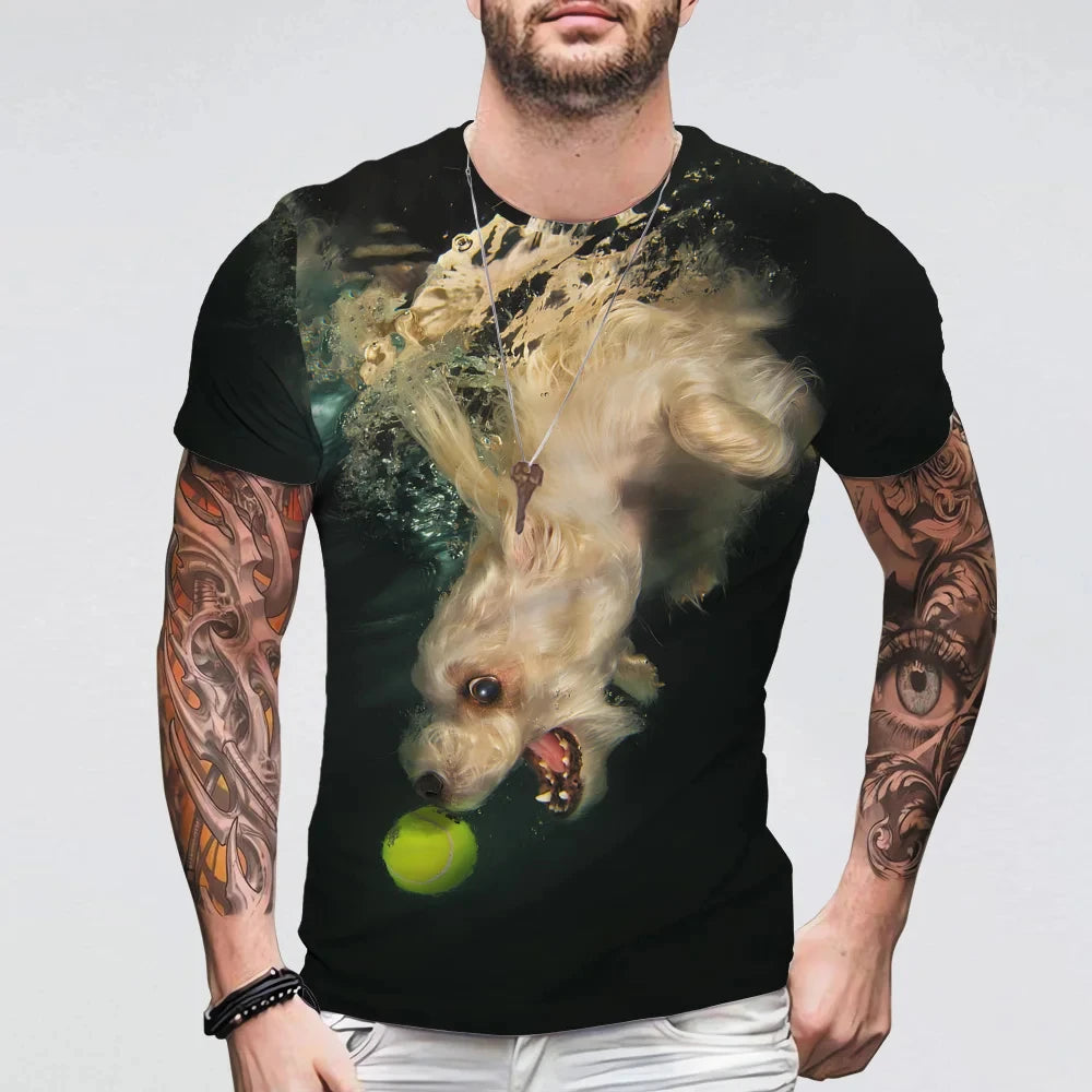 Summer Funny Underwater Dog 3D Print T-Shirts Streetwear Men Casual Oversized O-Neck Short Sleeved T Shirt Tees Tops Clothing