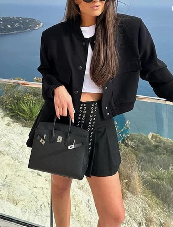 Women Cropped Bomber Varsity Jacket Black Bomber Jackets