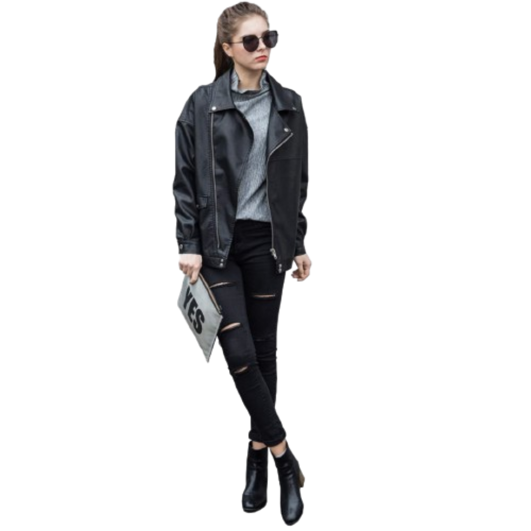 Women Motorcycle Leather Jacket Black Bomber Jackets