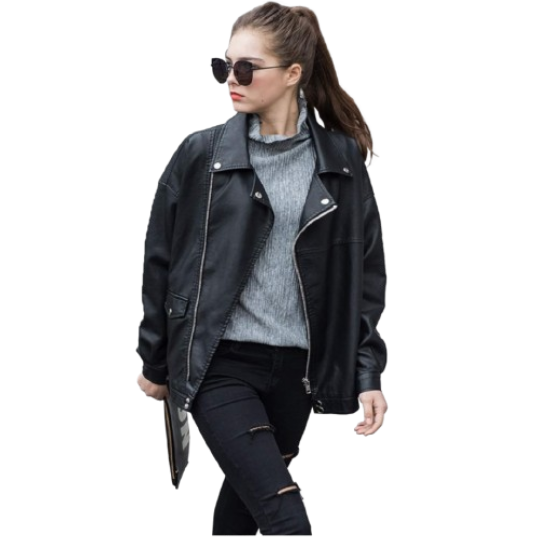 Women Motorcycle Leather Jacket Black Bomber Jackets