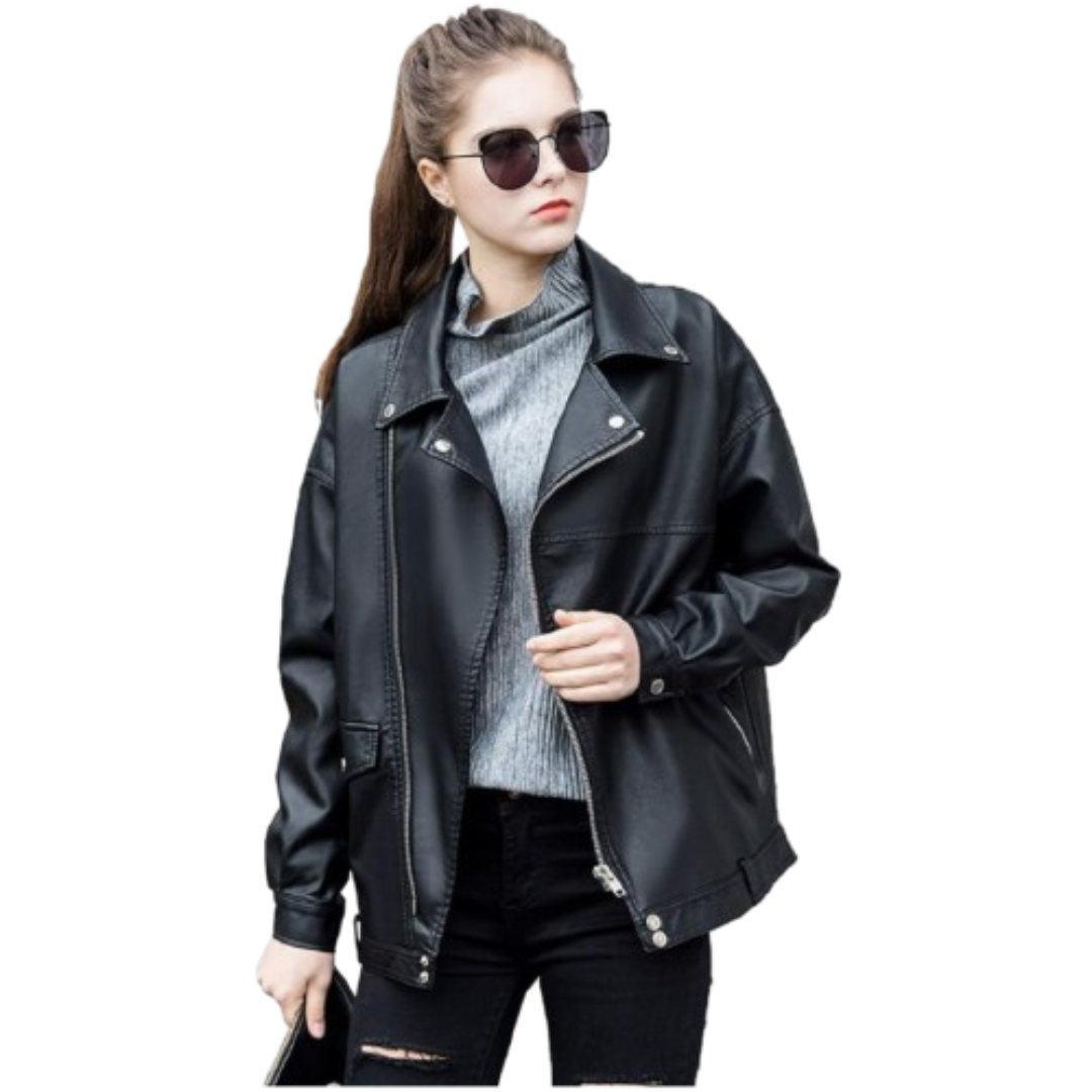 Women Motorcycle Leather Jacket Black Bomber Jackets