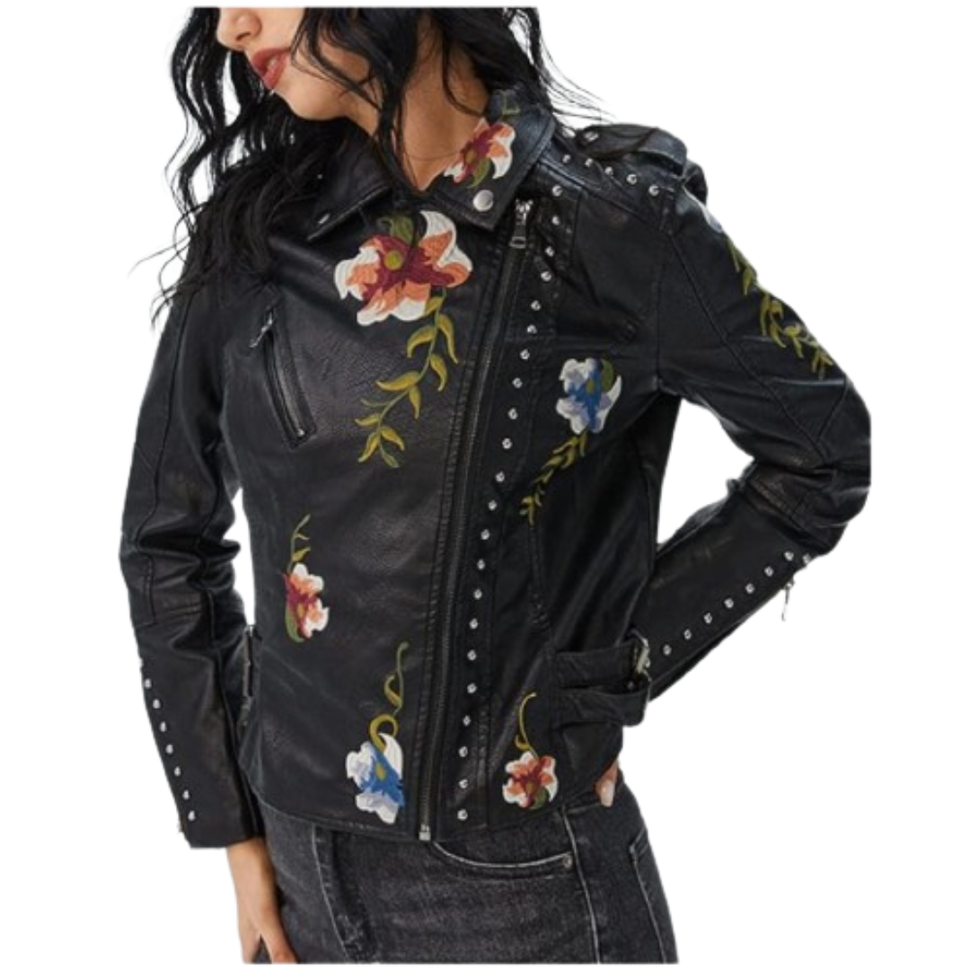 Women's Faux Leather Jacket Floral Coat Black Bomber Jackets