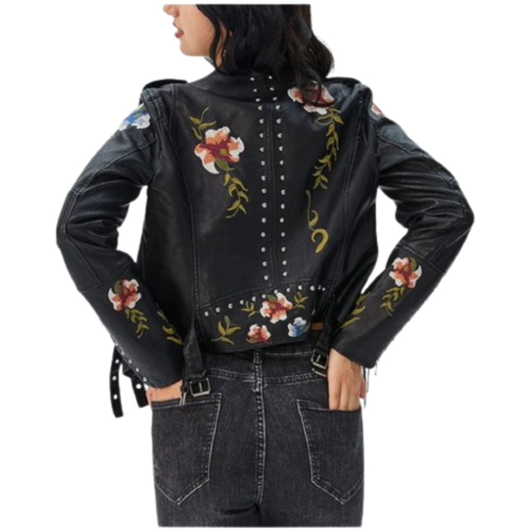 Women's Faux Leather Jacket Floral Coat Black Bomber Jackets