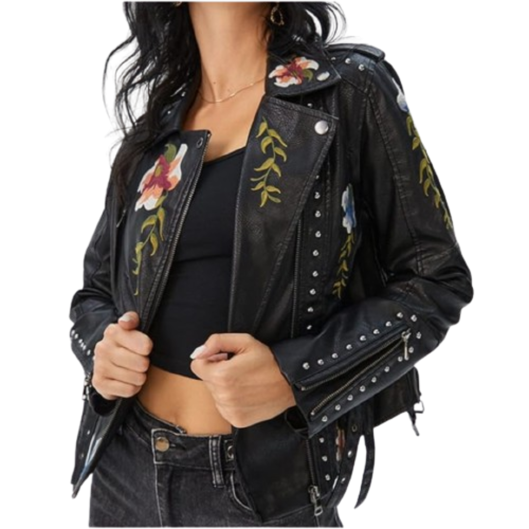 Women's Faux Leather Jacket Floral Coat Black Bomber Jackets