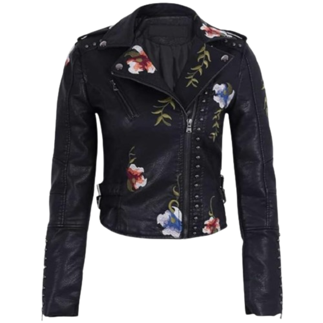 Women's Faux Leather Jacket Floral Coat Black Bomber Jackets