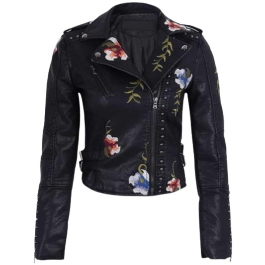 Women's Faux Leather Jacket Floral Coat Black Bomber Jackets