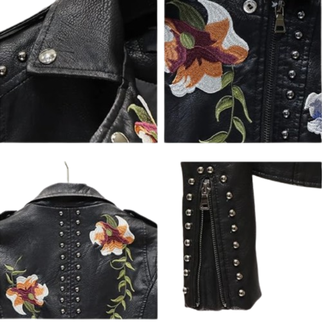 Women's Faux Leather Jacket Floral Coat Black Bomber Jackets