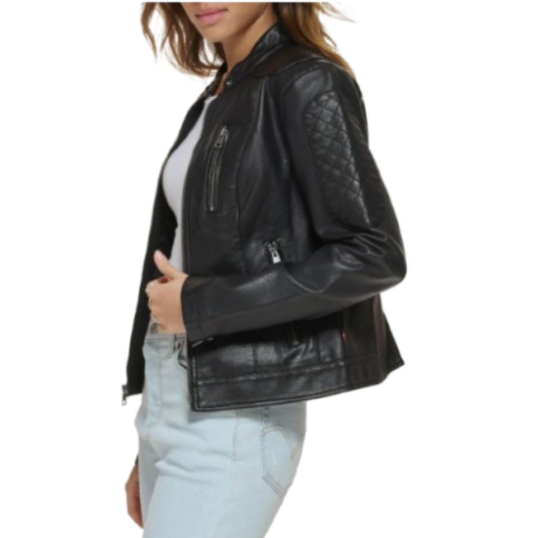 Women's Faux Leather Motocross Racer Jacket Black Bomber Jackets