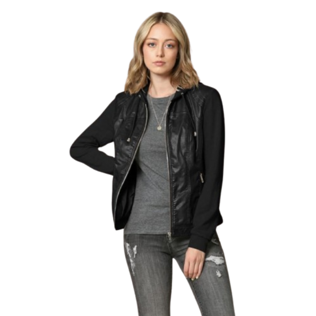 Women's Hooded Leather Jacket Black Bomber Jackets