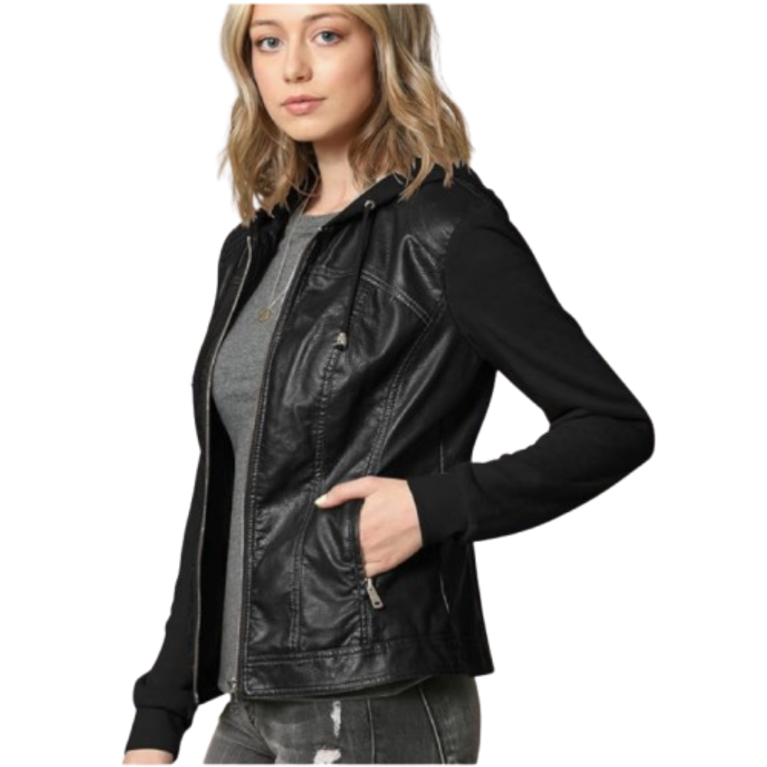 Women's Hooded Leather Jacket Black Bomber Jackets