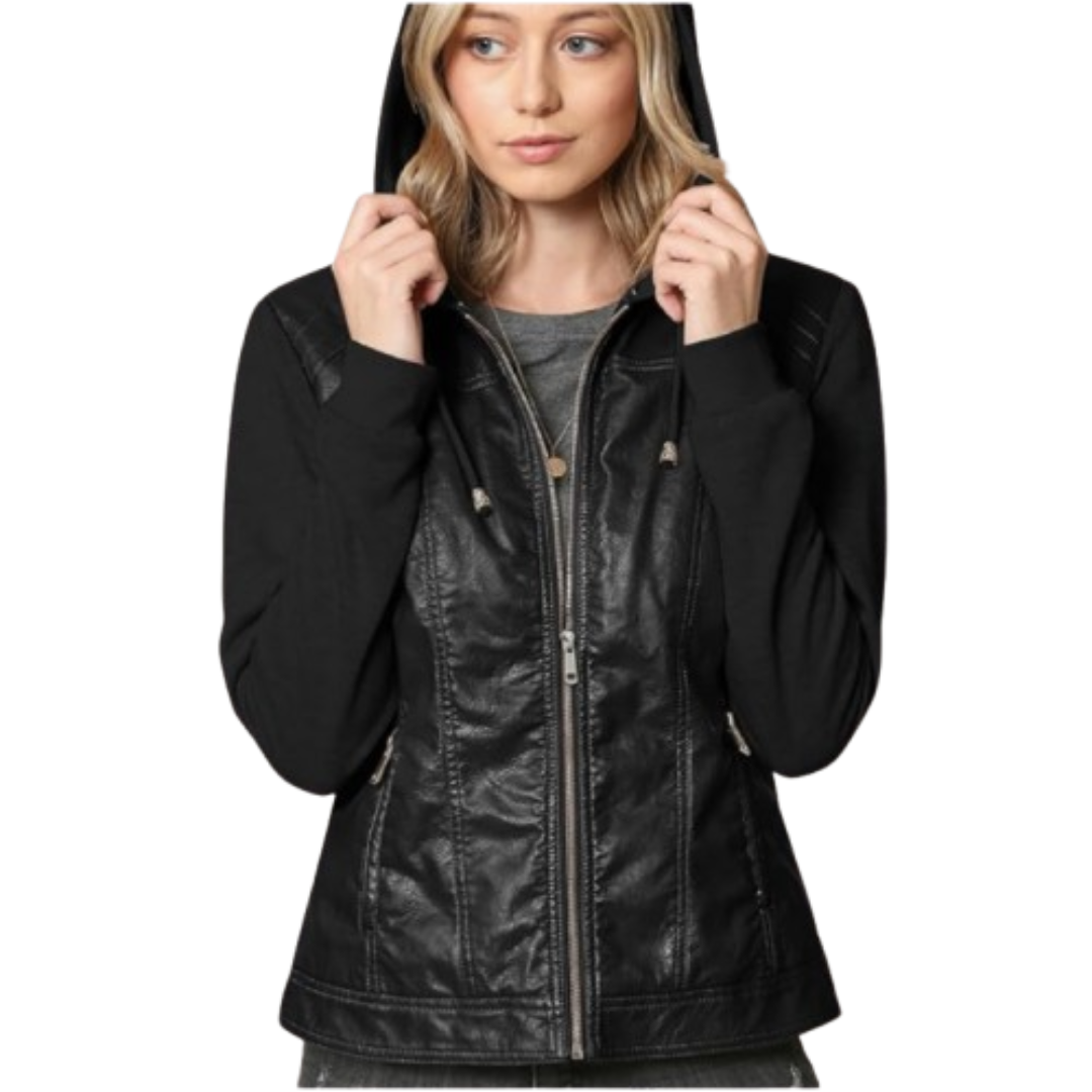 Women's Hooded Leather Jacket Black Bomber Jackets