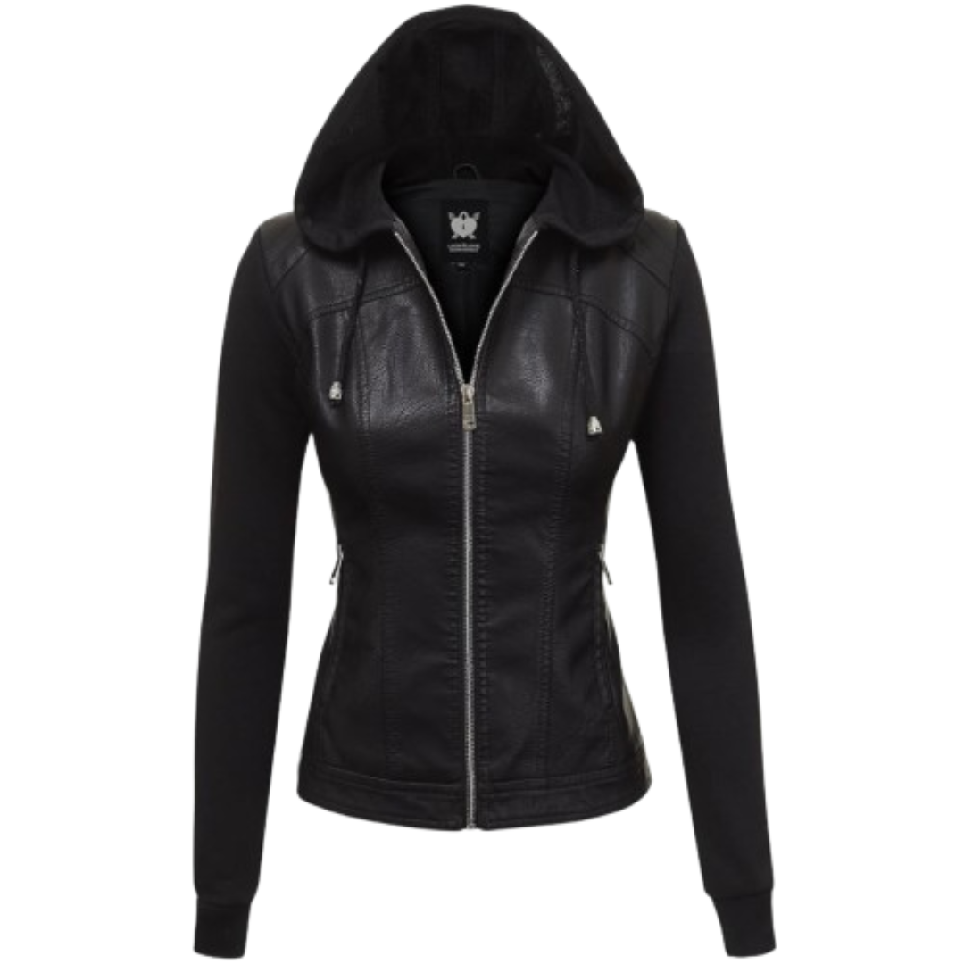 Women's Hooded Leather Jacket Black Bomber Jackets