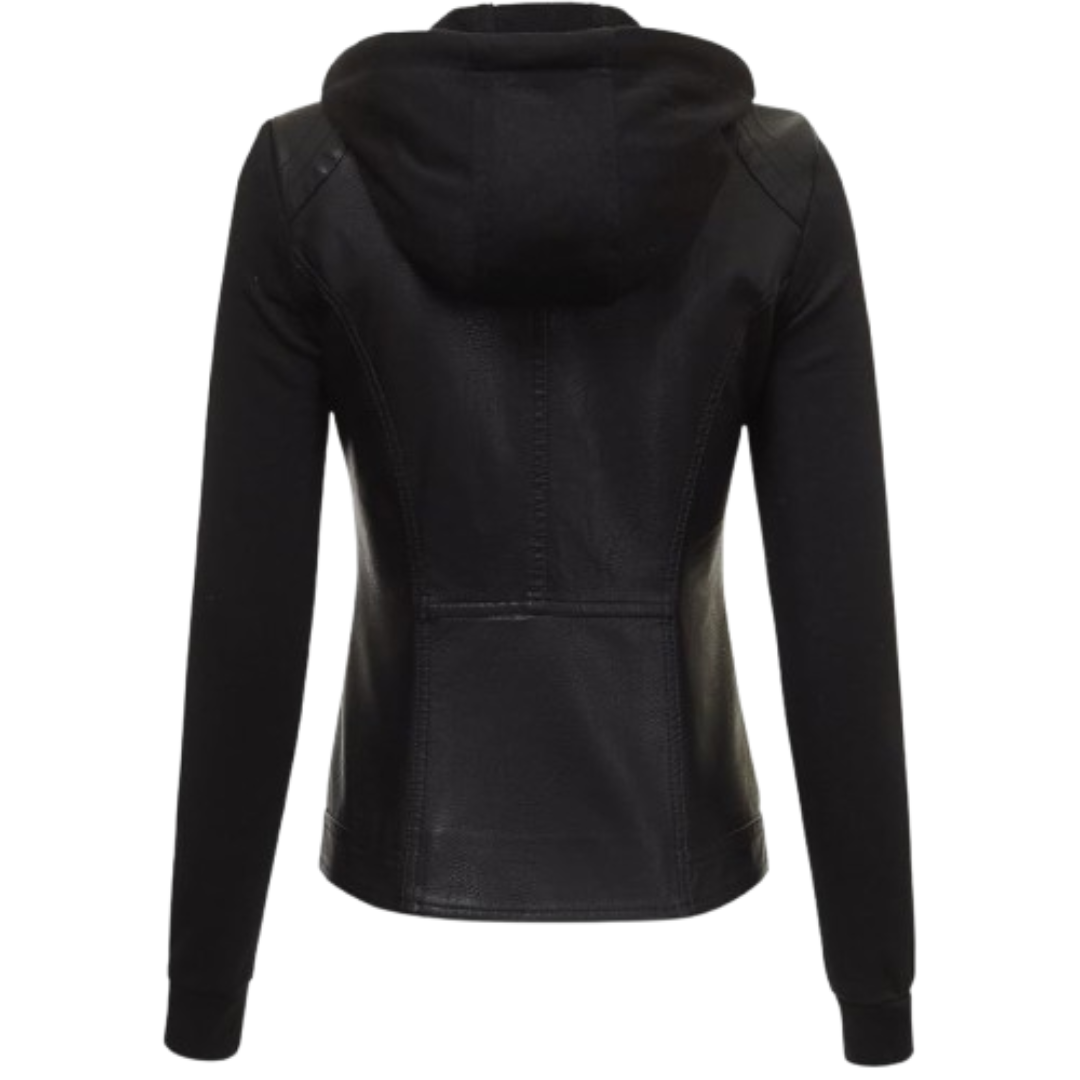 Women's Hooded Leather Jacket Black Bomber Jackets