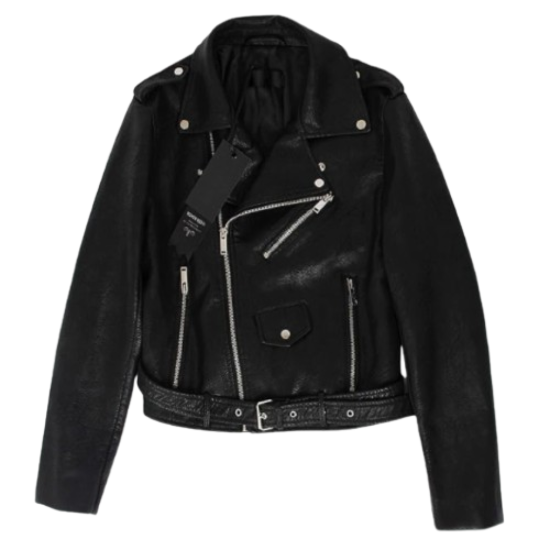 Women's Leather Jacket Biker Coat with Pockets Black Bomber Jackets