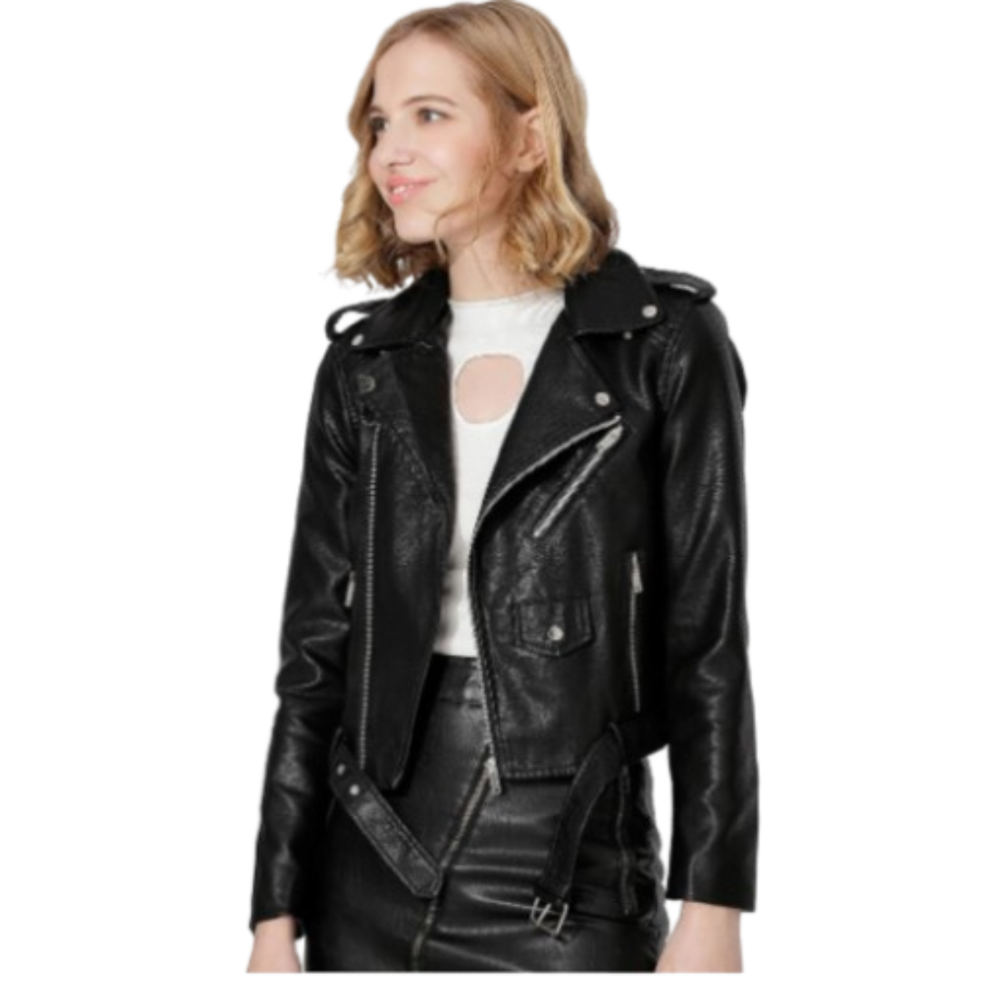 Women's Leather Jacket Biker Coat with Pockets Black Bomber Jackets