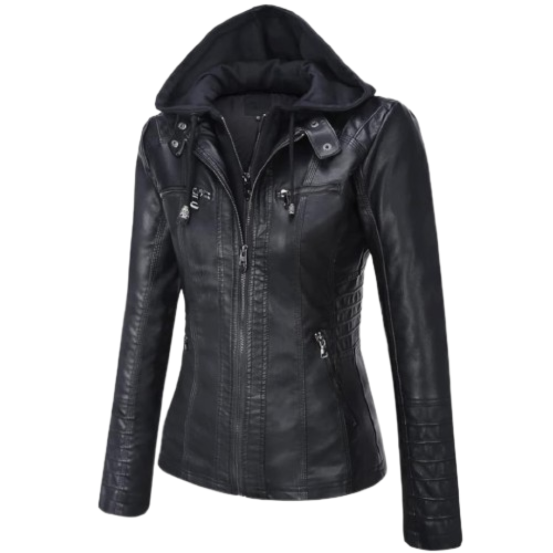 Women's Leather Jacket with Hood Black Bomber Jackets