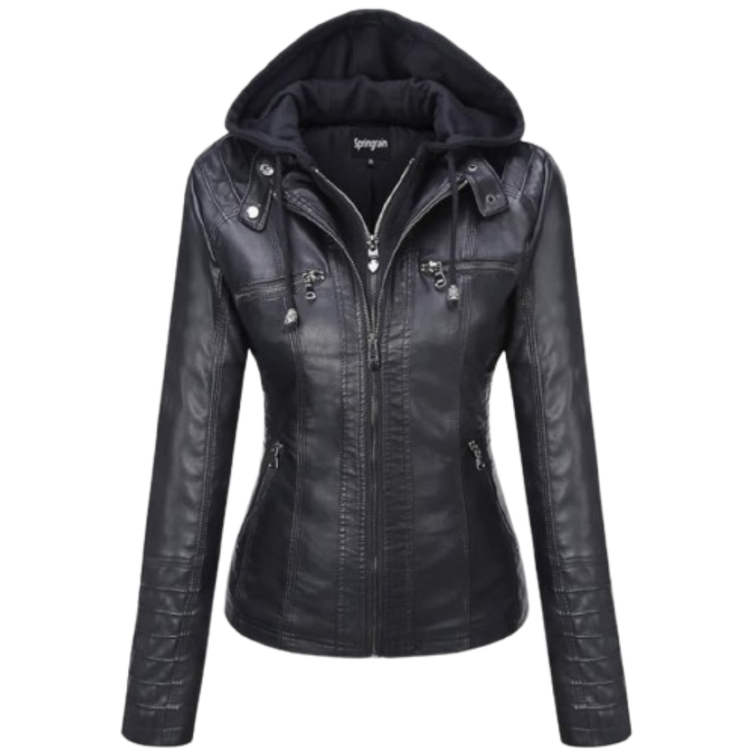 Women's Leather Jacket with Hood Black Bomber Jackets