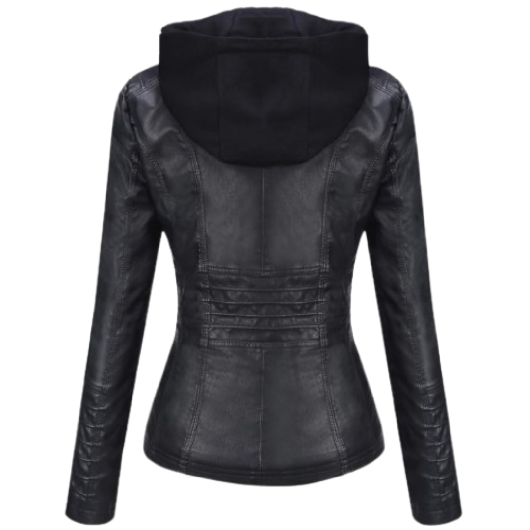 Women's Leather Jacket with Hood Black Bomber Jackets