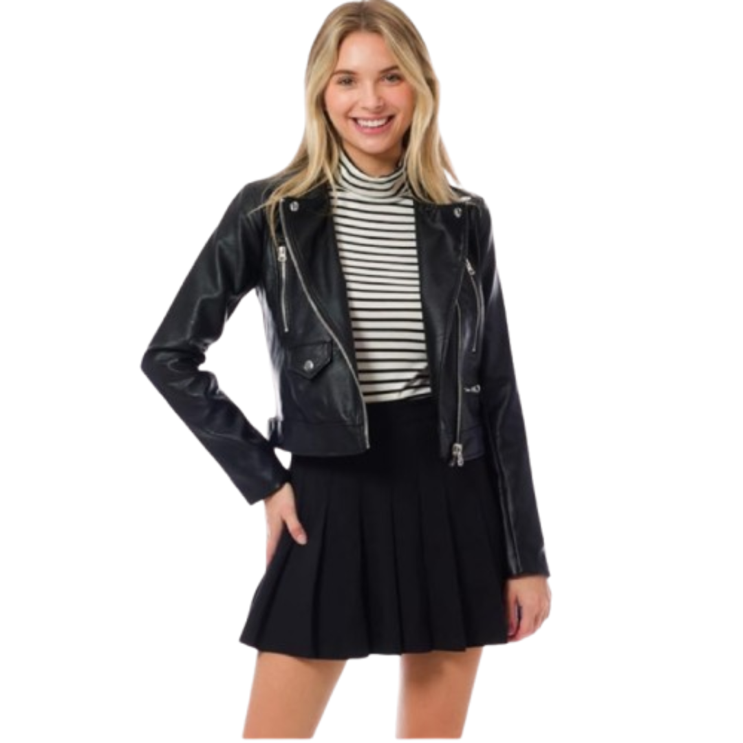 Women's Long Sleeve Biker Leather Jacket Black Bomber Jackets