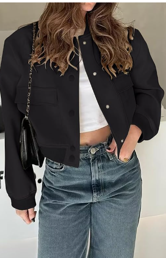 Women's Long Sleeve Cropped Varsity Bomber Jacket Black Bomber Jackets