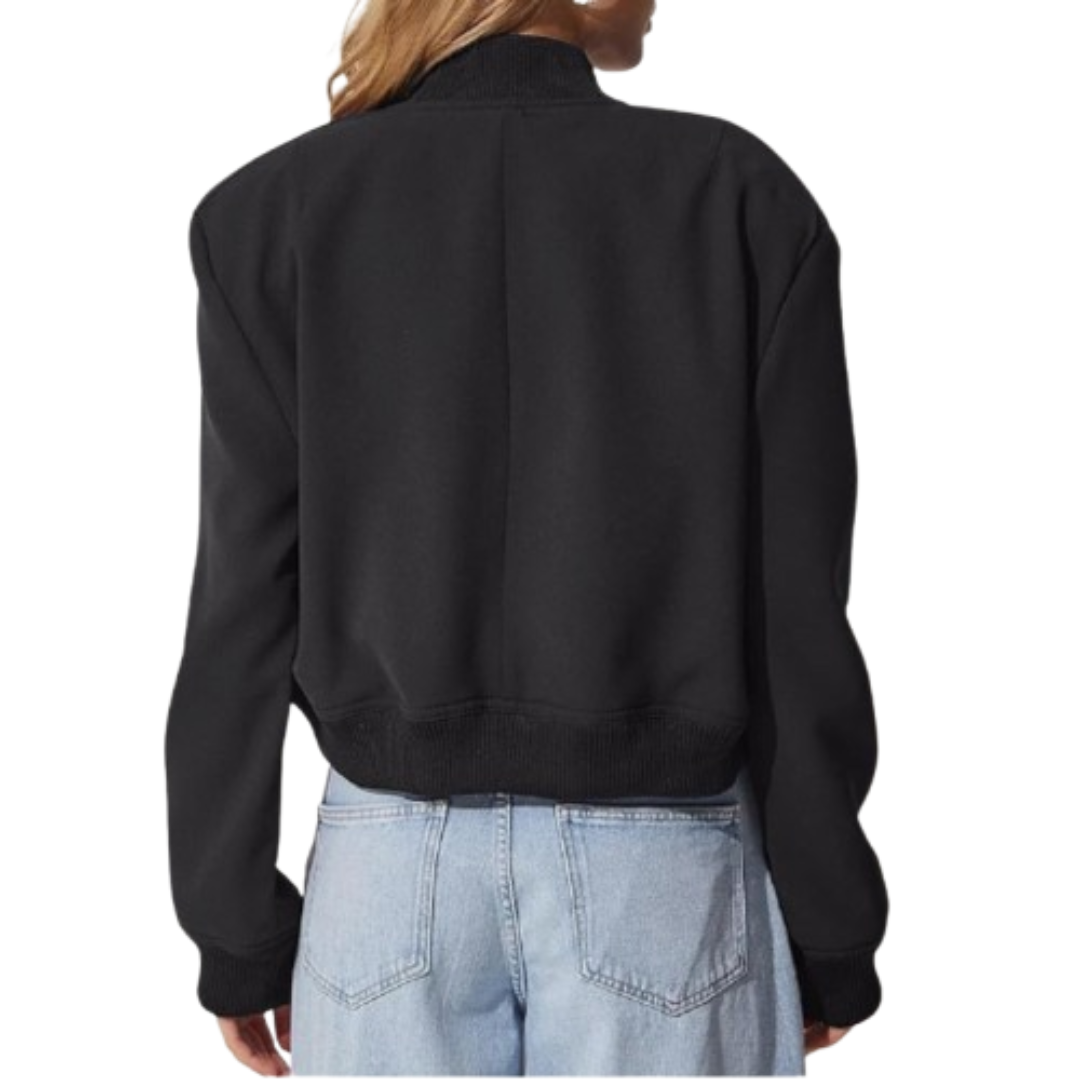 Women's Long Sleeve Cropped Varsity Bomber Jacket Black Bomber Jackets