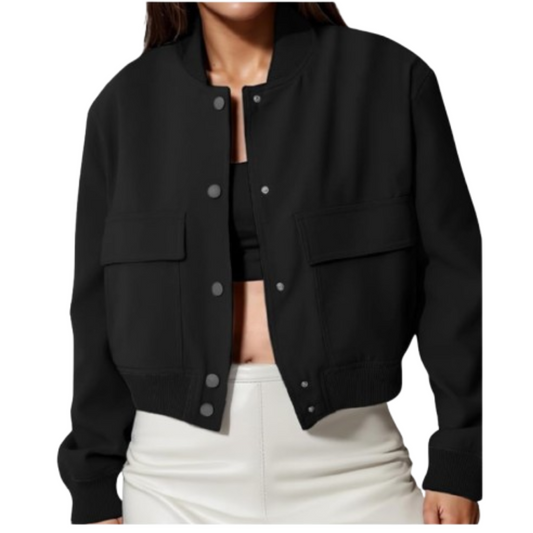 Women's Long Sleeve Cropped Varsity Bomber Jacket Black Bomber Jackets