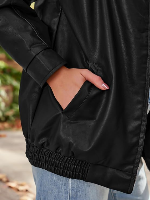 Women's Oversized Leather Jacket Black Bomber Jackets