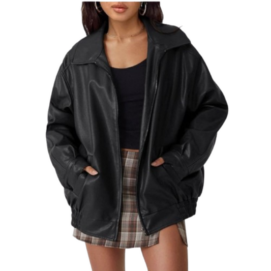 Women's Oversized Leather Jacket Black Bomber Jackets