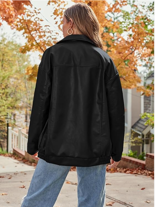 Women's Oversized Leather Jacket Black Bomber Jackets