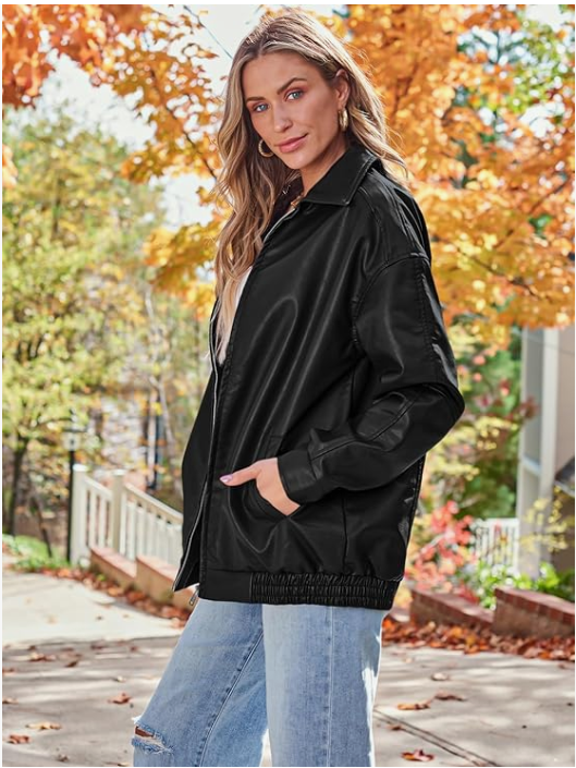 Women's Oversized Leather Jacket Black Bomber Jackets