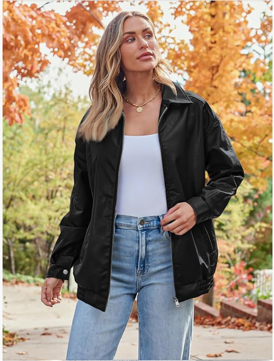 Women's Oversized Leather Jacket Black Bomber Jackets