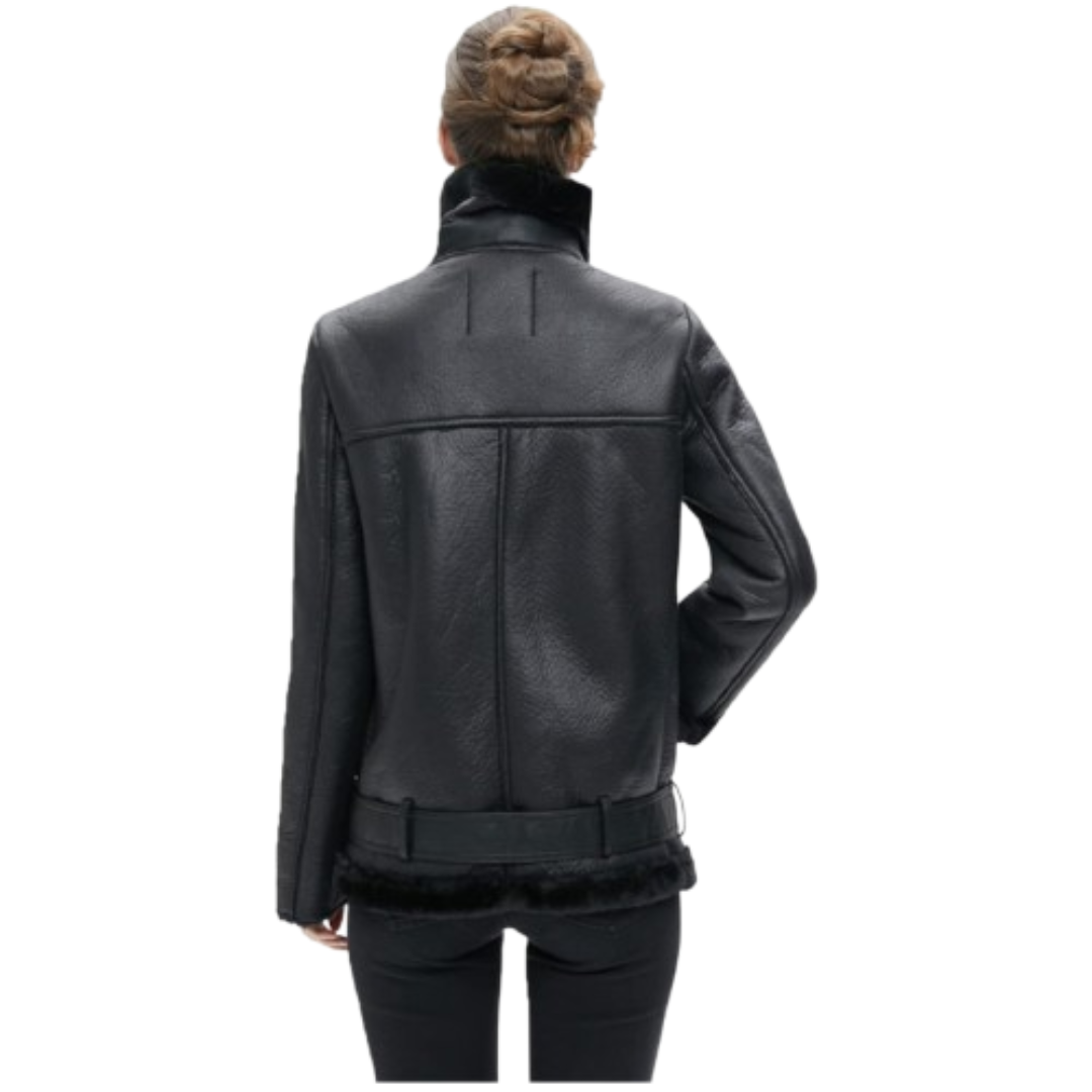 Women's Shearing Jacket Winter Shearling Coat Leather Jacket Black Bomber Jackets