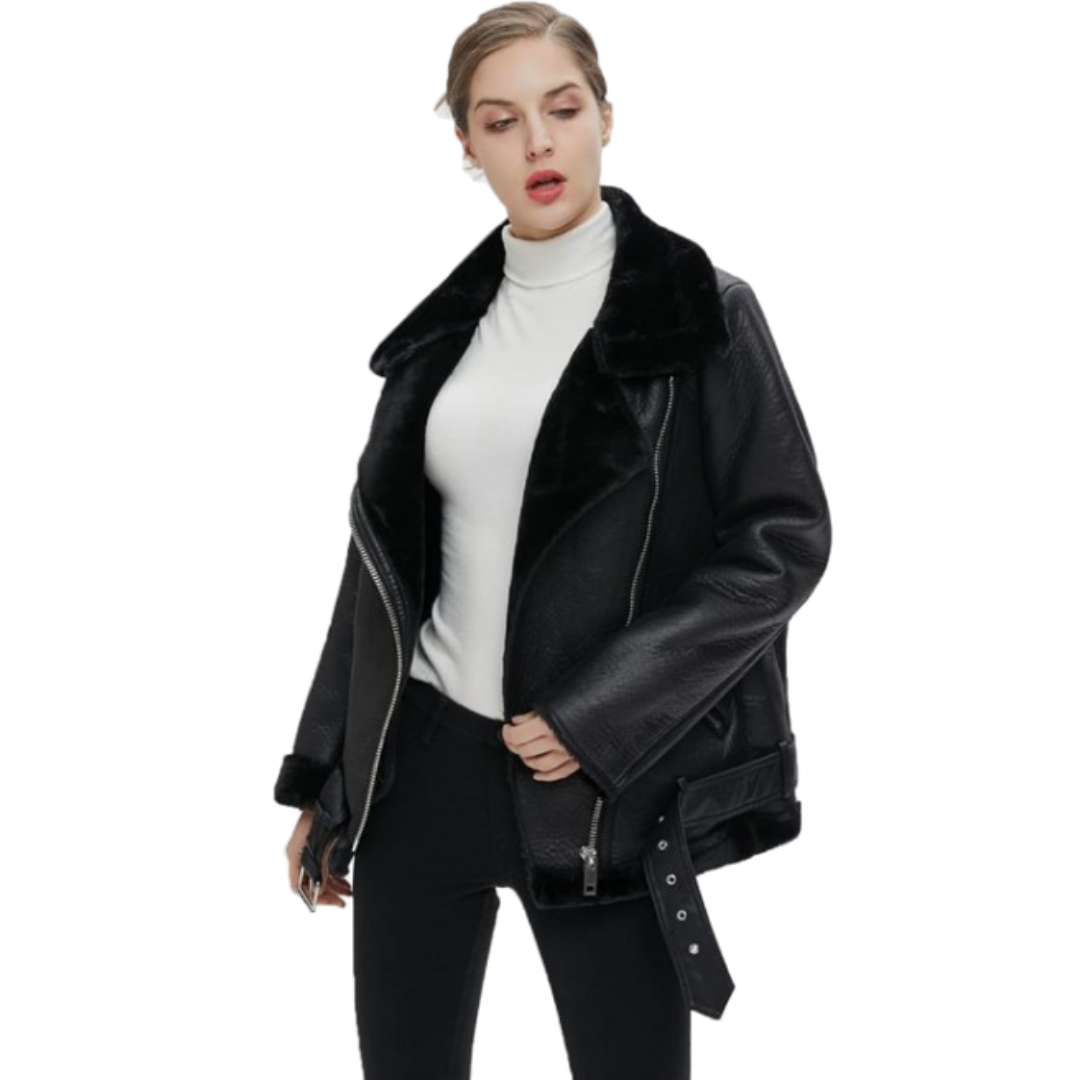 Women's Shearing Jacket Winter Shearling Coat Leather Jacket Black Bomber Jackets