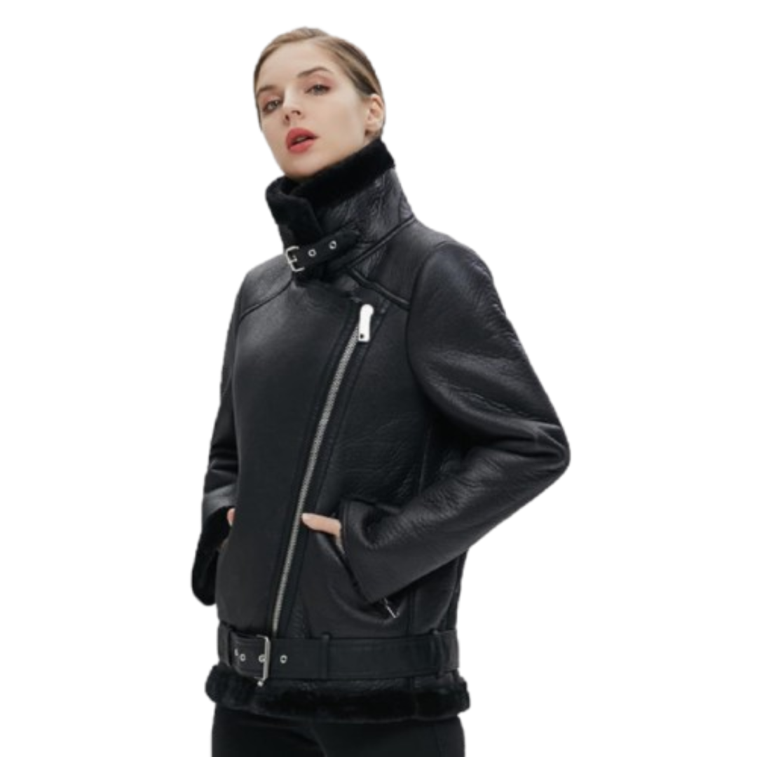 Women's Shearing Jacket Winter Shearling Coat Leather Jacket Black Bomber Jackets