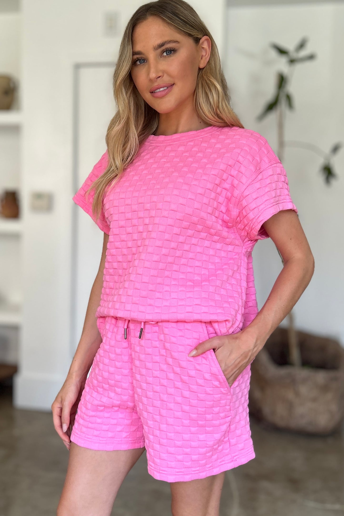 Double Take Full Size Texture T-Shirt and Shorts Set