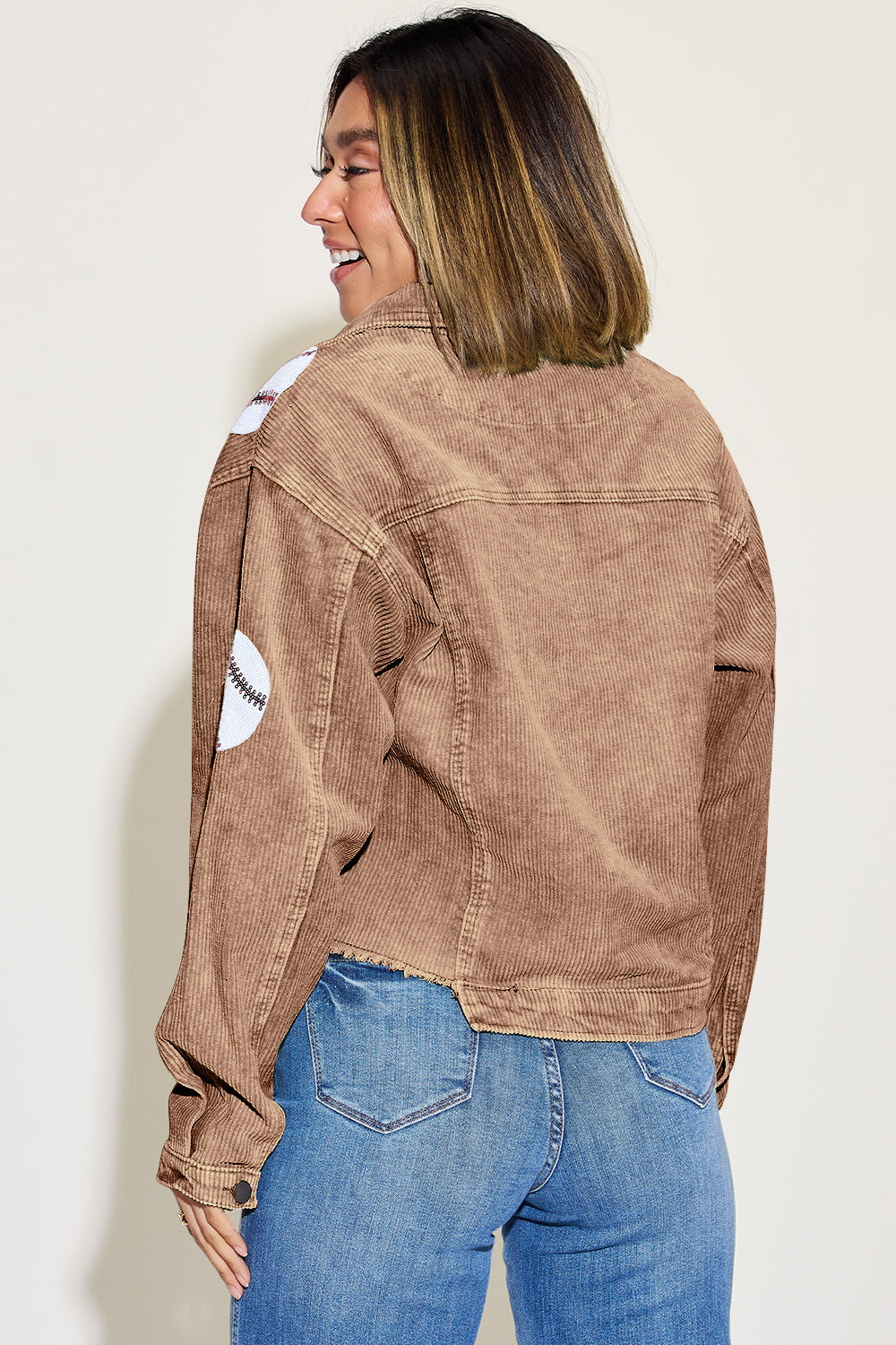 Baseball Sequin Dropped Shoulder Raw Hem Jacket