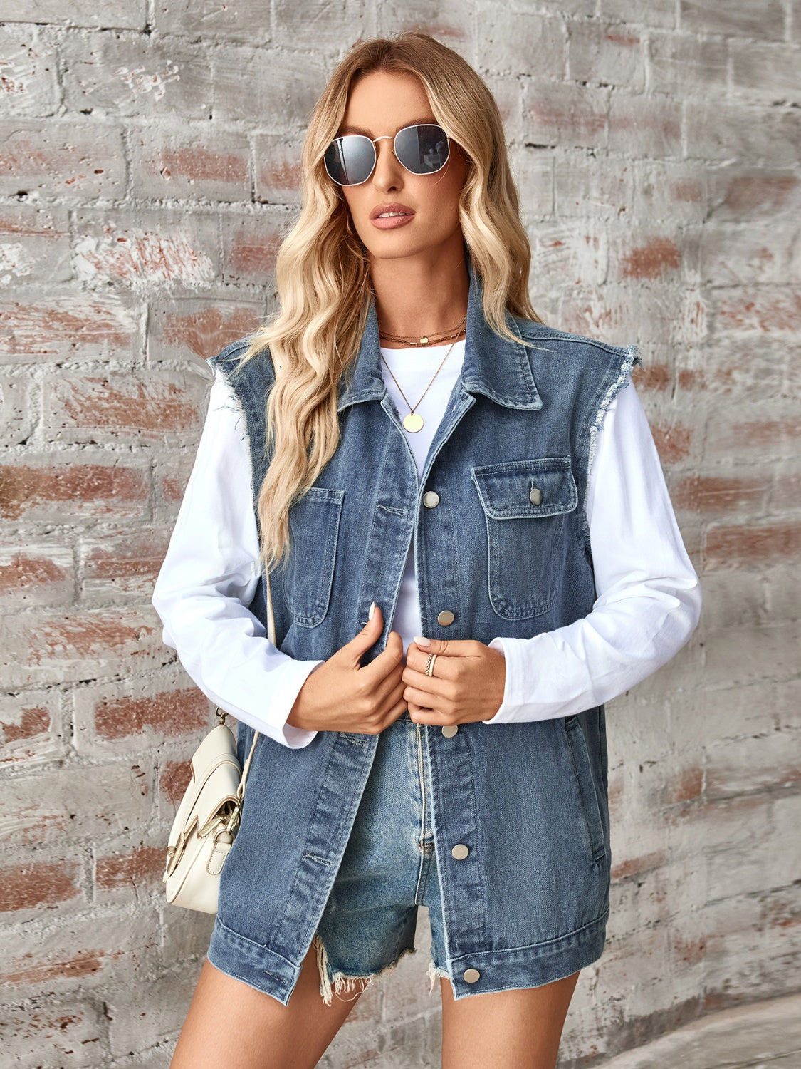 Raw Hem Sleeveless Button Up Denim Jacket