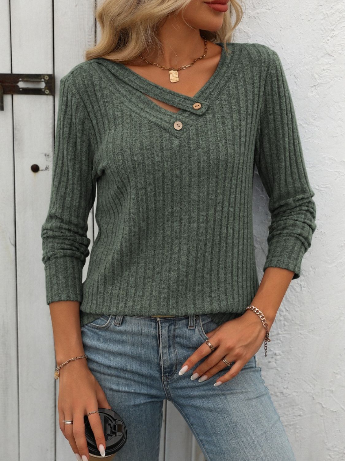 Mandy Ribbed V-Neck Long Sleeve T-Shirt