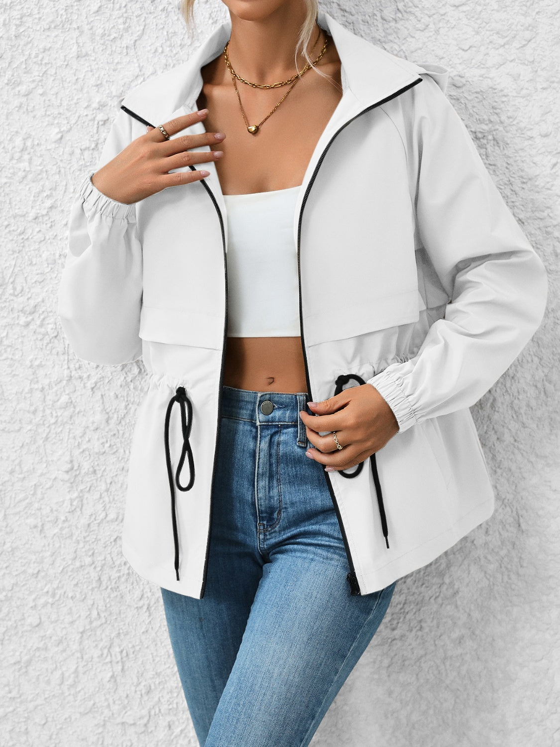 Ivy Lane Drawstring Zip Up Hooded Jacket