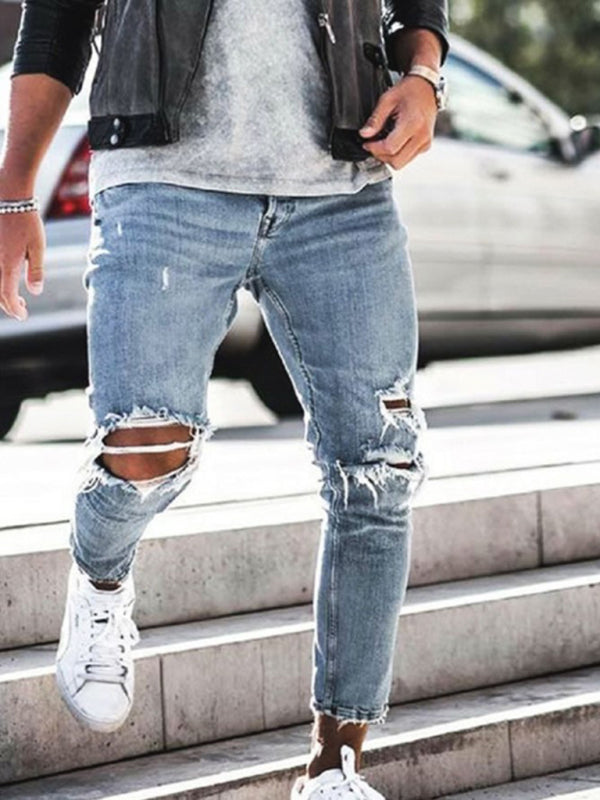 Men's solid casual ripped pencil jeans