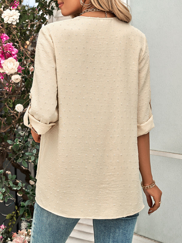 Spring and summer new women's fashion solid color loose V-neck three-quarter sleeve top