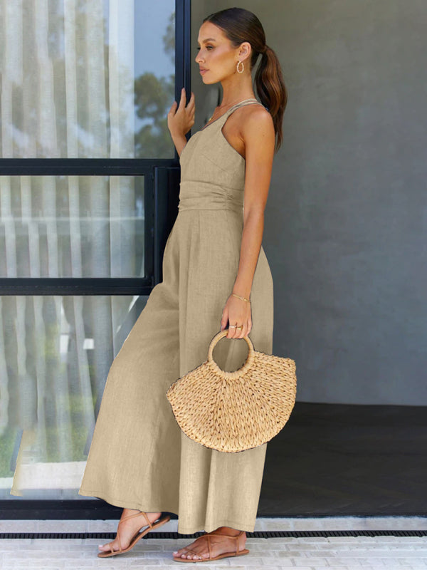 New casual, comfortable and refreshing sleeveless waistless backless loose wide-leg jumpsuit