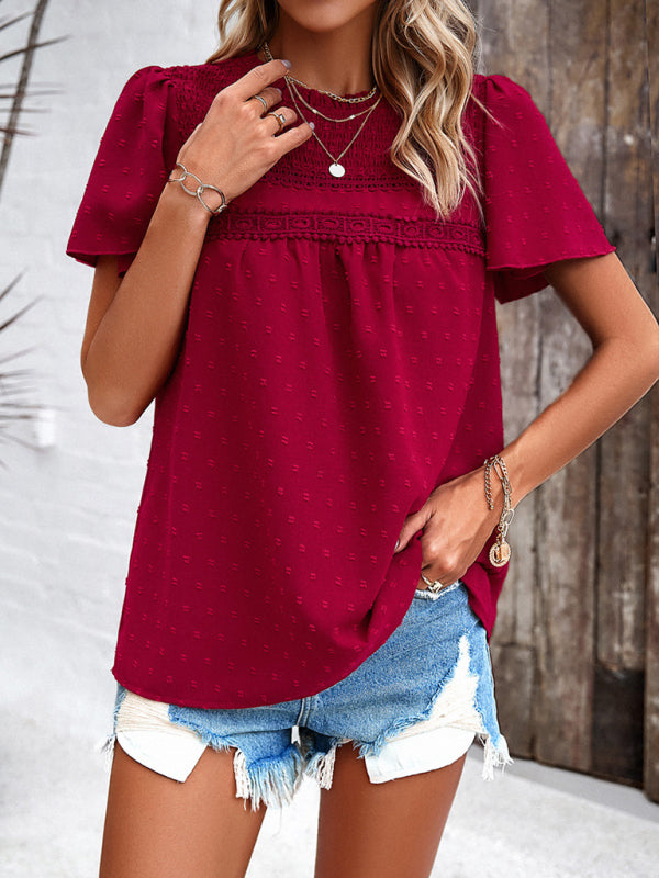 Women's elegant solid color short-sleeved lace blouse