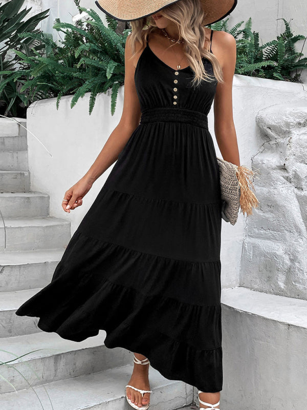 Women's new black suspender midi dress